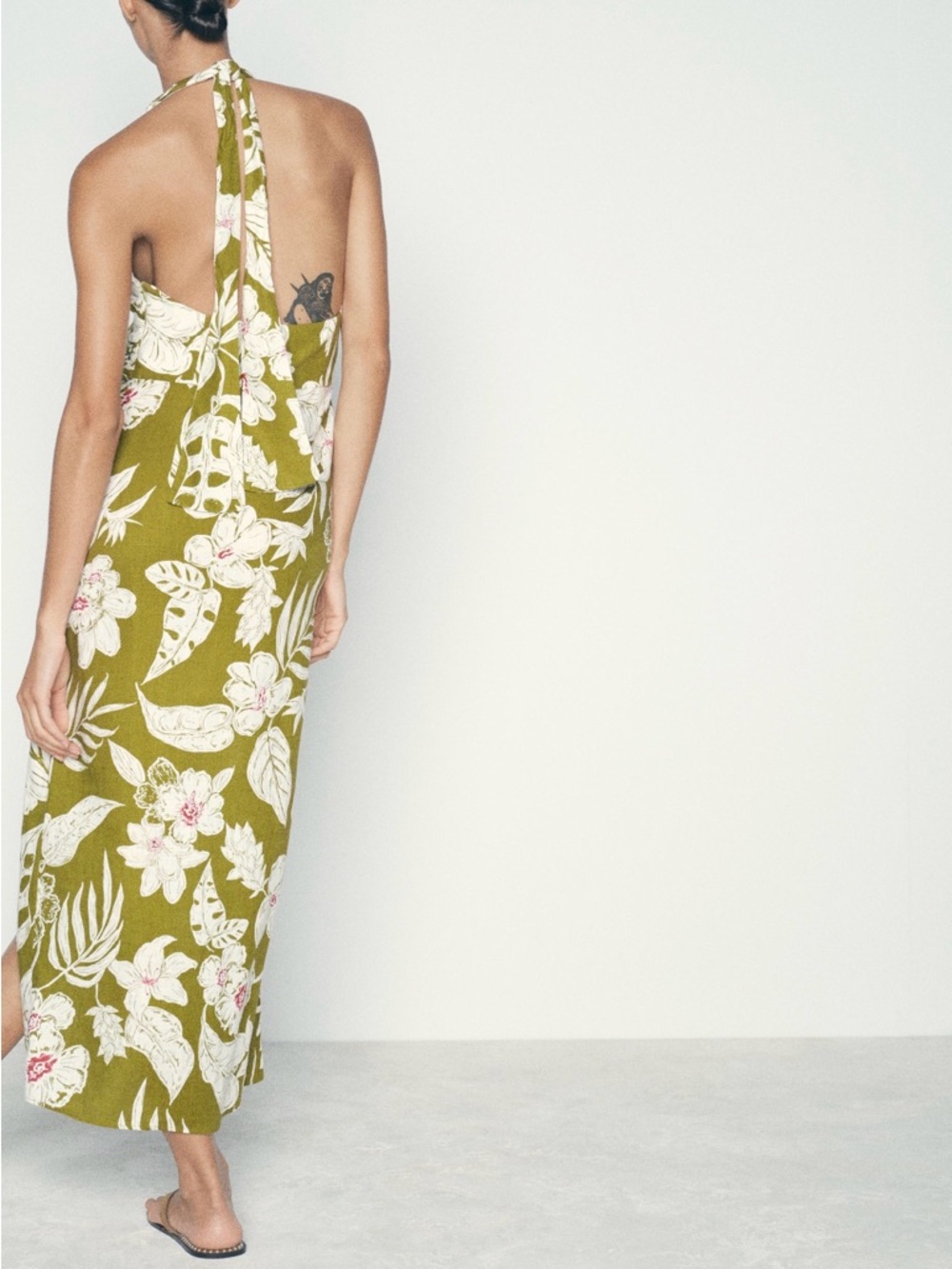Zara Olive Green Floral Halter Midi Dress - Picture 2 of 9